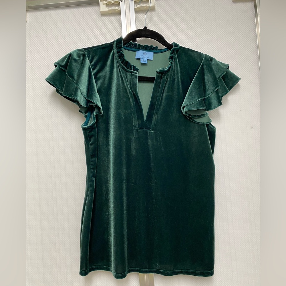 CeCe Teal Velvet Top with Ruffle Detail